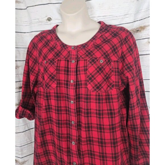Duluth Trading Shirt Womens 2XL Red Plaid Flannel Button Up Roll Sleeves Cotton - Picture 4 of 6
